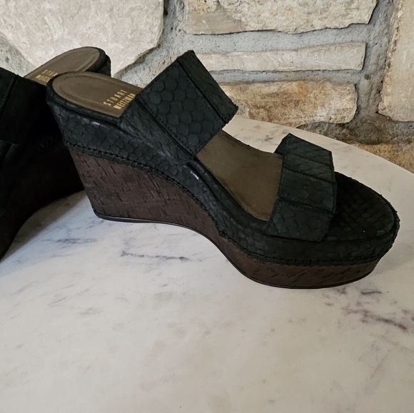 Stuart Weitzman Black Reptile Pattern Upper Cork Wedge Slide Sandals  Size 6M - Picture 10 of 14